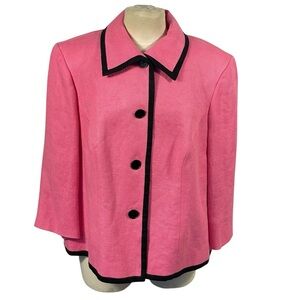 Lauren Ralph Lauren 100% Linen Pink Black Trim Button Front Blazer Jacket Sz 14W
